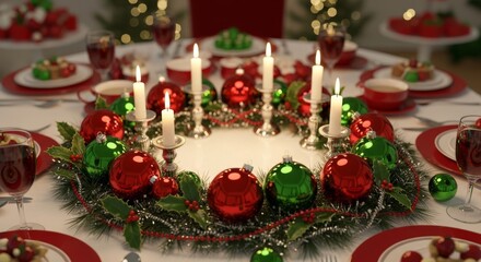 Red and green themed Christmas table, glass baubles, tinsel garland, candlelight reflections