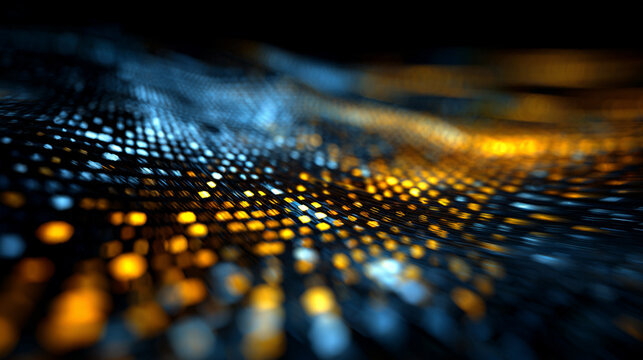 An abstract tech mesh flows with motion blur, creating a dynamic, futuristic visualization of digital networks, energy, and high-speed technological movement.
