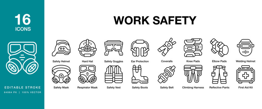 Work Safety icon set. Includes safety, workplace, hazard, warning, helmet and More. Editable Stroke Icon Collection.
