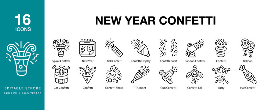New Year Confetti icon set. Includes newyear, confetti, celebration, festive, party and More. Editable Stroke Icon Collection.