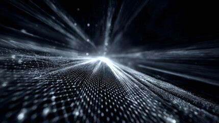 An abstract tech mesh flows with motion blur, creating a dynamic, futuristic visualization of digital networks, energy, and high-speed technological movement.
