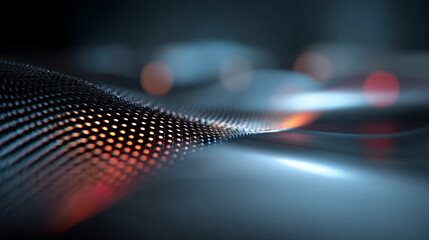 An abstract tech mesh flows with motion blur, creating a dynamic, futuristic visualization of digital networks, energy, and high-speed technological movement.
