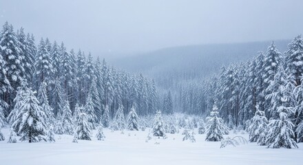 A dense forest covered in a thick blanket of fresh snow under a cloudy winter sky
