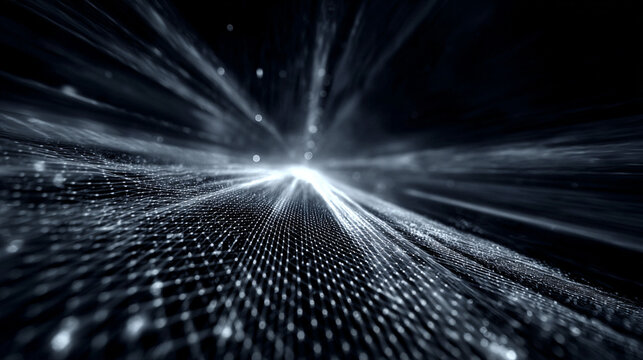 An abstract tech mesh flows with motion blur, creating a dynamic, futuristic visualization of digital networks, energy, and high-speed technological movement.
