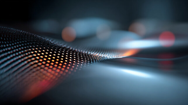 An abstract tech mesh flows with motion blur, creating a dynamic, futuristic visualization of digital networks, energy, and high-speed technological movement.
