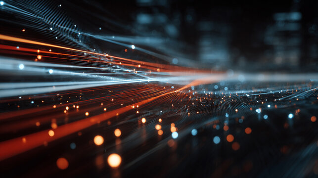 An abstract tech mesh flows with motion blur, creating a dynamic, futuristic visualization of digital networks, energy, and high-speed technological movement.
- Powered by Adobe