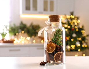 Glass jar filled with fragrant holiday spices and dried orange slices, a festive decoration on a kitchen counter