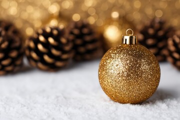 Gold glitter christmas bauble resting on white snow with pine cones and bokeh lights creating a festive holiday backdrop