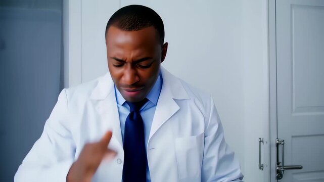 A distressed man in a white coat, hands on his head, appears stressed or concerned