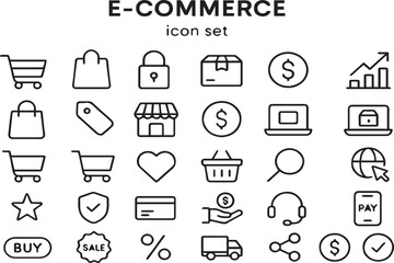 Fototapeta premium E-commerce icon set with various shopping and online business symbols in black line style on white background featuring shopping cart, payment, sale