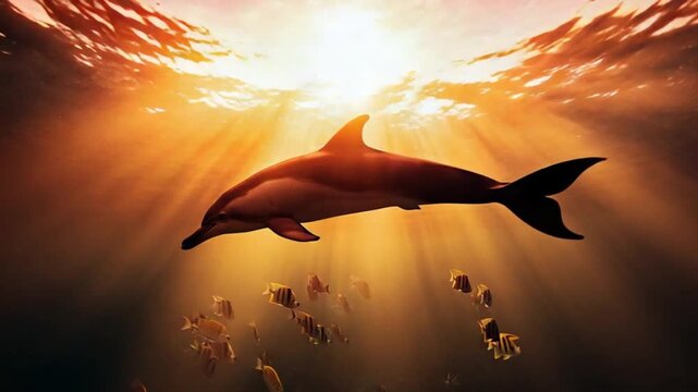 Dolphin swimming underwater with school of fish in golden light from the sun shining above water dolphin video