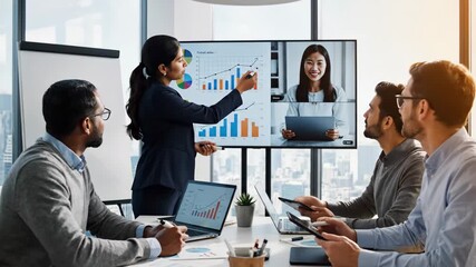 Business Team Meeting with Video Conference and Data Analysis - A diverse team of professionals holds a meeting in a modern office setting. - Powered by Adobe