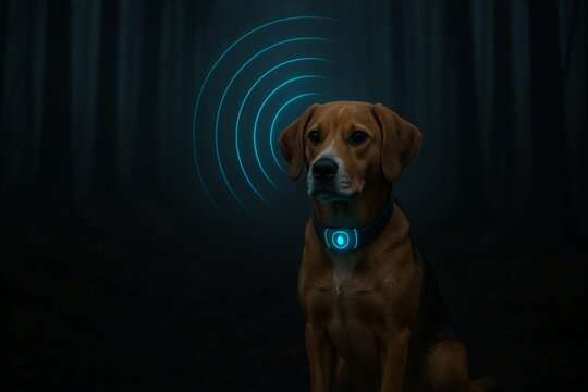 Dog with illuminated gps tracker collar emitting signal for animal tracking and pet safety. Modern technology for lost and found service.