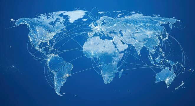Global network connections across the illuminated world map