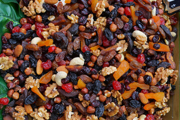 Colorful mix of nuts and dried fruits in a bowl