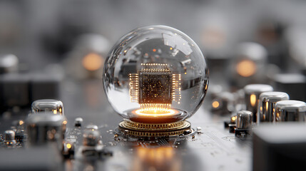 A futuristic AI chip glows inside a transparent sphere, symbolizing advanced technology, digital intelligence, innovation, and the encapsulation of computational power.
