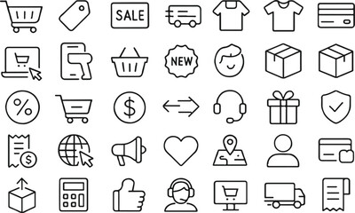 E-commerce Line Icon Set. Online Shopping, Retail, Delivery, Payment, and Customer Service Symbols.