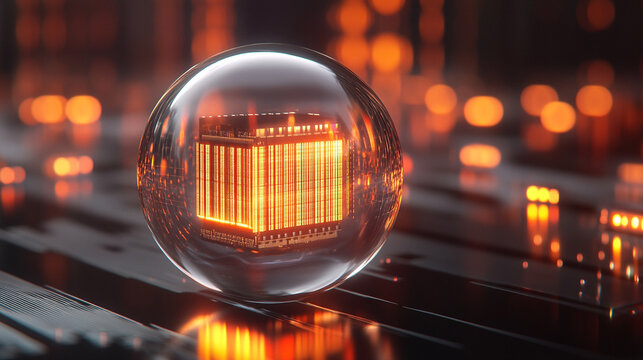 A futuristic AI chip glows inside a transparent sphere, symbolizing advanced technology, digital intelligence, innovation, and the encapsulation of computational power.
