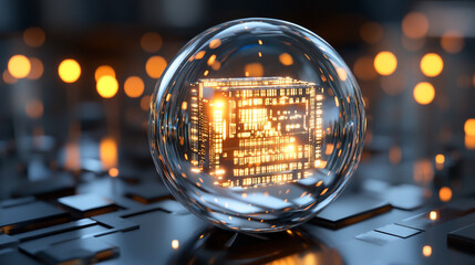 A futuristic AI chip glows inside a transparent sphere, symbolizing advanced technology, digital intelligence, innovation, and the encapsulation of computational power.
