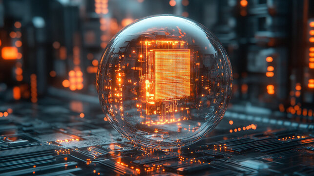 A futuristic AI chip glows inside a transparent sphere, symbolizing advanced technology, digital intelligence, innovation, and the encapsulation of computational power.
