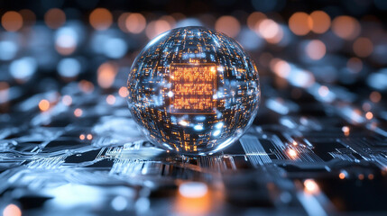 A futuristic AI chip glows inside a transparent sphere, symbolizing advanced technology, digital intelligence, innovation, and the encapsulation of computational power.
