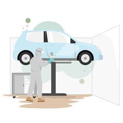 Flat vector illustration of a car painter in protective gear spraying paint on a vehicle in a booth. Minimal flat style with soft pastel tones,body shop and painting service concepts.