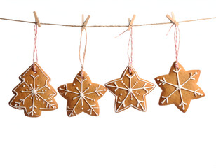 Festive Gingerbread Cookies Star, Snowflake, and Tree Shapes, Christmas Holiday Treats Hanging Isolated on White