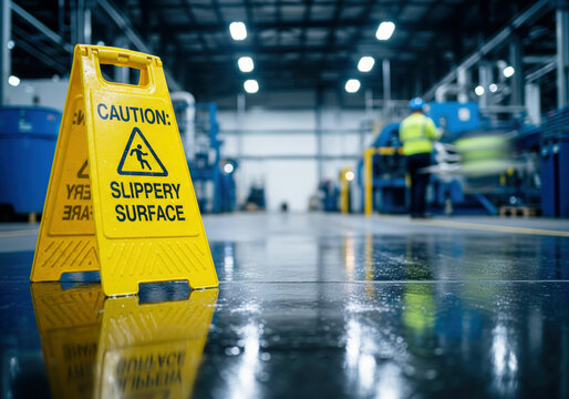 Yellow 'Slippery Surface' caution sign on a wet factory floor, emphasizing workplace safety and potential hazards in an industrial environment.