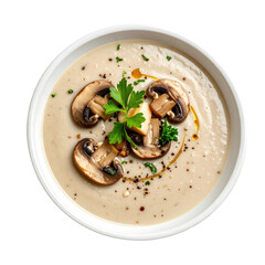 A creamy bowl of homemade mushroom soup, presented alone and professionally isolated on a clean, minimalist white background