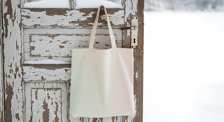 White tote bag hanging on rustic wooden door in winter.