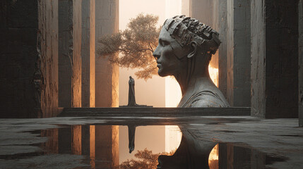 AI projecting a glowing dreamscape above a human head with vibrant colors and abstract elements representing imagination, creativity, futuristic technology, and surreal digital visualization