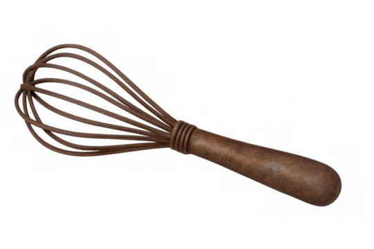 Brown kitchen whisk for cooking and baking, useful utensil mixing ingredients, transparent background