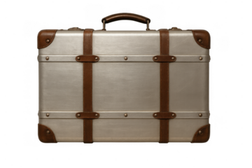 Vintage metal luggage with leather straps, expressing classic travel, journey, and adventure concept on transparent background