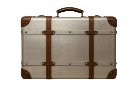 Vintage metal luggage with leather straps, expressing classic travel, journey, and adventure concept on transparent background