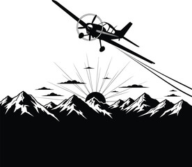 Airplane Flying over Mountains Black & White Silhouette Vector Art