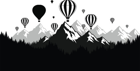 Air Balloons Over Mountains Black & White Silhouette Vector Art