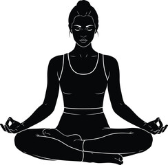 Yoga Meditation Woman Lotus Pose Black & White Silhouette Vector Art