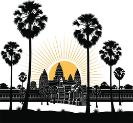 Ancient Temple with Palm Trees Black & White Silhouette Vector Art