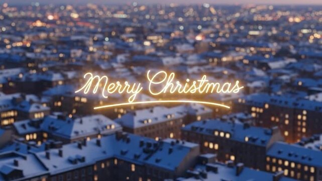 Merry Christmas Greeting Over Snowy Cityscape at Night Aerial View.