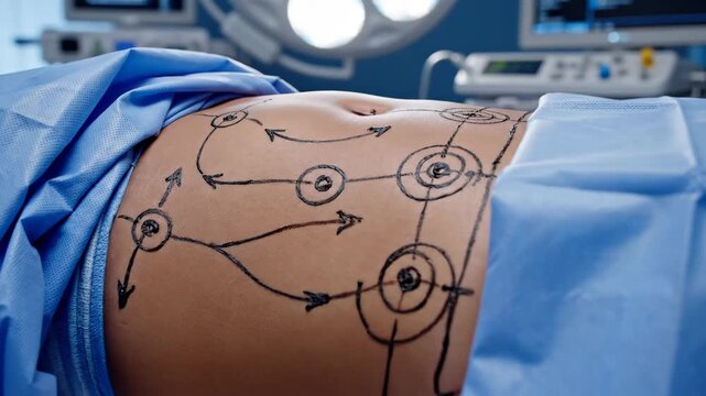 Pre-Surgical Markings for Liposuction Procedure - The video depicts a patient's abdomen marked with arrows and circles in preparation for a liposuction procedure.
