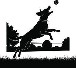 Dog Playing with Ball Black & White Silhouette Vector Art