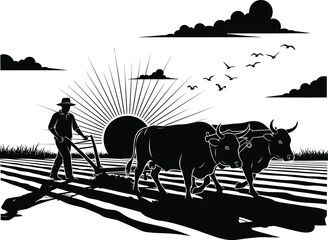Farmer with Oxen in Field Black & White Silhouette Vector Art