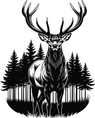 Majestic Deer in Forest Black & White Silhouette Vector Art