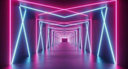 Neon pink blue X pattern futuristic tunnel corridor glowing cyber space