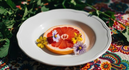 Vibrant grapefruit slice garnished with edible flowers in a white bowl