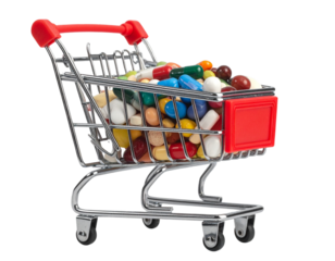  Mini Shopping Cart Filled with Colorful Pills and Medicine Bottles, isolated on a transparent background PNG