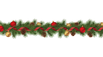Festive evergreen garland with red ribbons and gold baubles creates holiday cheer