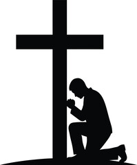 Man Praying Under Cross Black & White Silhouette Vector Art