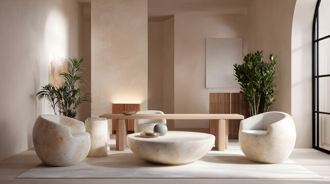 Modern Living Room Minimalist Alabaster Japandi Italian Style Vibrant Accents Crisp Details Elegant Design Luxurious Ambiance Sophisticated Appeal (AI-Generated)