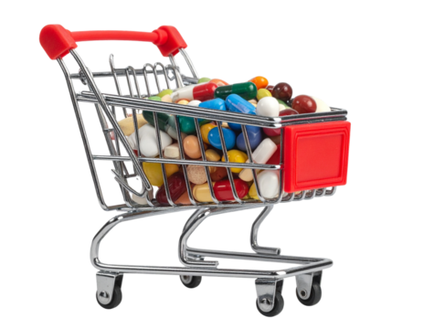  Mini Shopping Cart Filled with Colorful Pills and Medicine Bottles, isolated on a transparent background PNG